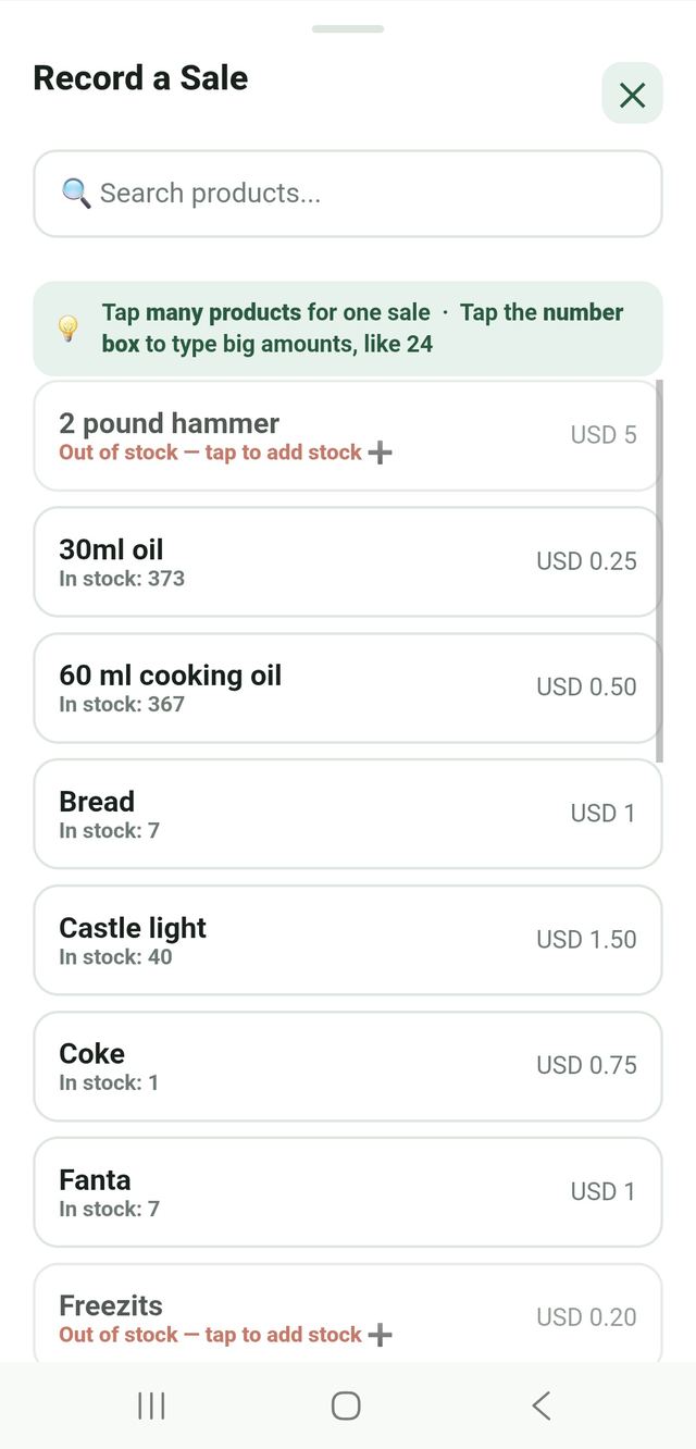 Record a Sale product list